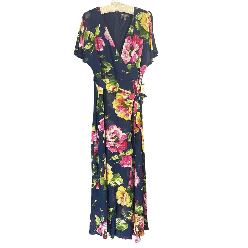 Luxology Floral Maxi Dress Womens 8 Navy Blue NWT Faux Wrap Flutter Sheer Summer